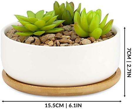 Ceramic Plant Pot & Bamboo Base - Round | Indoor & Outdoor Succulent Planter | Indoor Garden Pots | Bonsai, Cactus & House Plant White Pots | M&W