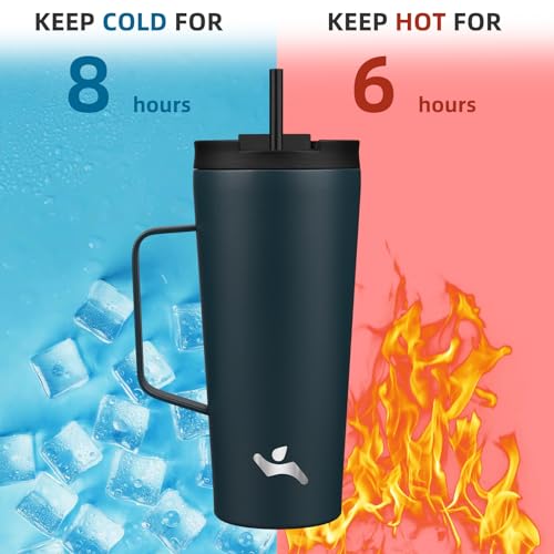 Image of Konokyo 22 oz Insulated Tumbler with Handle & Straw, Stainless Steel Mug
