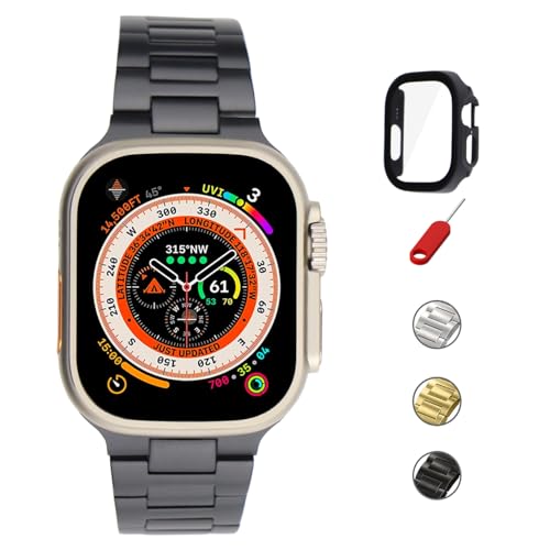 Compatible with Apple Watch Ultra Band 49mm for Men Women, Stainless Steel Metal iWatch Band with Hard PC Case Tempered Glass Screen Protector for Apple Watch Ultra/Ultra 2 (Black, 49mm) 49m