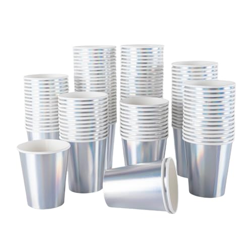 CEILIWEN Lot de 100 gobelets en papier irisé holographique arc-en-ciel de 9oz - 250ml - Gobelets de fête argentés métallisés brillants pour boissons...
