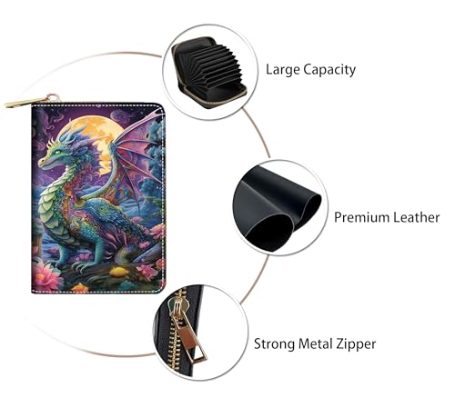 Credit Card Holder Wallets for Women, RFID Blocking Small Leather Card Case Wallet with Zipper Accordion Wallets, Dragon3