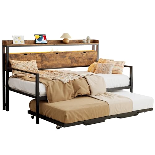 MU Twin Daybed with Pop Up Trundle, Metal Day Bed with Charging Station, LED Lights and Storage Headboard, Twin to King Sofa Bed for Living Room, Bedroom and Guest Room, Rustic Brown