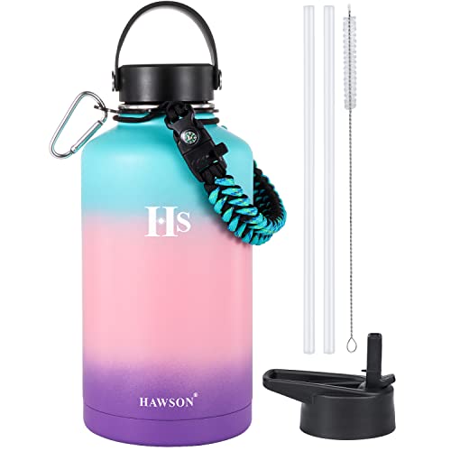 HAWSON 64oz/128oz Insulated Water Bottle with Straw Handle Lid Half Gallon/One Gallon Water Jug Stainless Steel Cold Large Sport Water Bottles with Paracord Handle Wide Mouth Thermo Canteen Mug