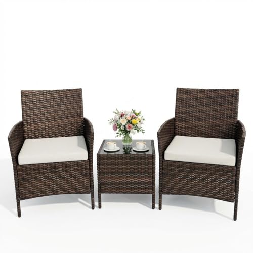 3PCS Outdoor Patio Bistro Set, PE Rattan Wicker Armchairs with Water-Resistant Cushions & Tempered Glass Coffee Table, All-Weather Conversation Set fo