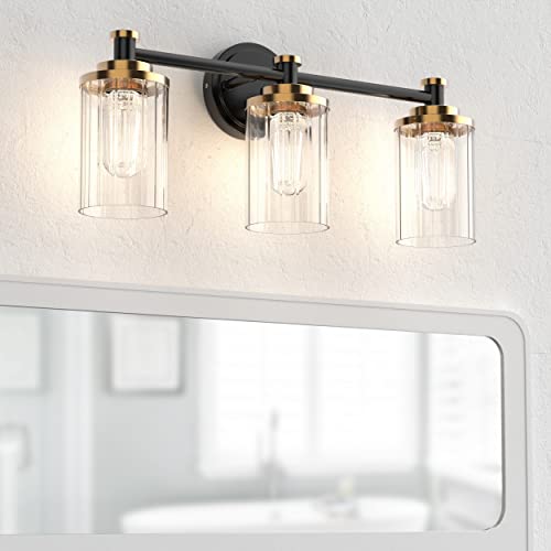 Image of Bathroom Lighting Fixtures Black and Brass Bathroom Vanity Light with Cylindrical Clear Stripes Glass Lampshade E26 Socket Base Bathroom Lighting Fixtures Over Mirror (3 Lights)