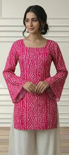 Image of MAHIRA'S Women's Short Kurti, Black Rayon Tunic Top with Embroidered Sleeves, 3 /4 Designer Sleeves