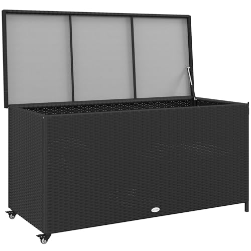 Outsunny Baule da Giardino in Rattan PE con Ruote, Cassapanca Contenitore da Esterno con Pistone Pneumatico e Maniglia Laterale, Volume 316L, 121x57x67cm, Nero