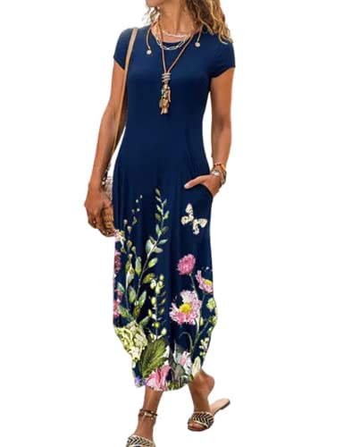 Image of Women Summer Casual Maxi Dress Floral Printed Loose Pockets Short Sleeve Split Boho Dresses
