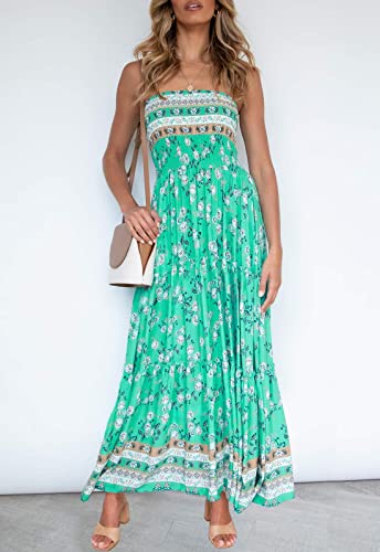 Zesica Women's 2023 Summer Bohemian Floral Printed Strapless Beach Party Long Maxi Dress,Aqua,X-Large #TOP1