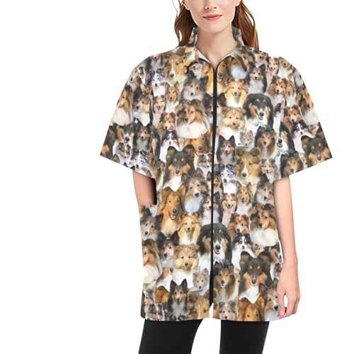 COWCUTE Sheltie Dog Lover Gifts, Sheltie Dog Print Dog Grooming Jackets, Waterproof Smock Jacket for Pet Groomers Barbers