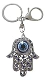 Gesamtlänge: 10 cm Taschenschmuck, Schlüsselanhänger, Hand der Fatima, Fatima, Auge, versilberter Stahl und blauer Strass