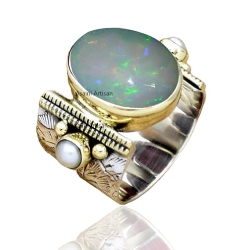 10x14 MM Oval Gemstone Solid 925 Sterling Silver Two Color 15MM Wide Band Ring with Tiny Freshwater Pearl Accents for Women Gift