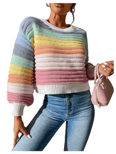 OYOANGLE Women's Color Block Lantern Long Sleeve Rainbow Sweater Drop Shoulder Pullover Jumper Tops