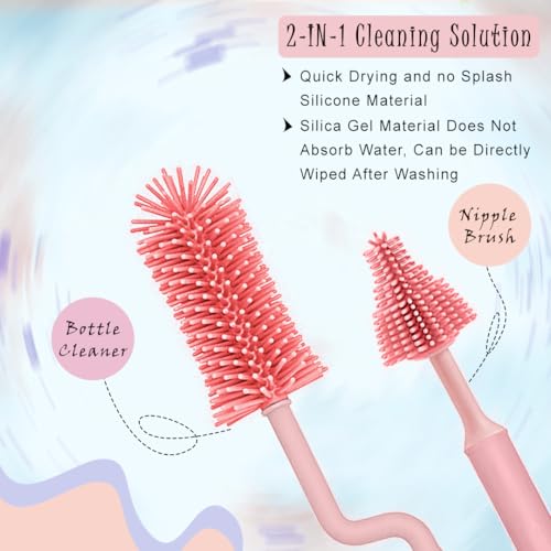 Image of TONY STARK Baby 360 Rotating Silicone Bottle Cleaning Brush & Nipple Cleaner - Ergonomic Handle, Flexible Bristles for Deep Cleaning Narrow & Wide Neck Feeding Bottles (Pink)