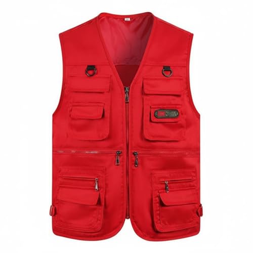 Chaleco multibolsillos rojo talla XL con ajuste amplio para pesca y viaje