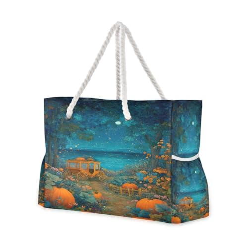 Large Beach Bags Totes Canvas Tote Shoulder Bag Pumpkin Carriage Lake Water Resistant Bags for Gym Travel Daily