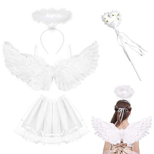 JurciCat Alas de Angel Juego de 4 Piezas Bonito Disfraz Angel Alas Blancas Adecuado para Niños Adultos Halloween Carnaval Cosplay Party's alas Angel Conjuntos