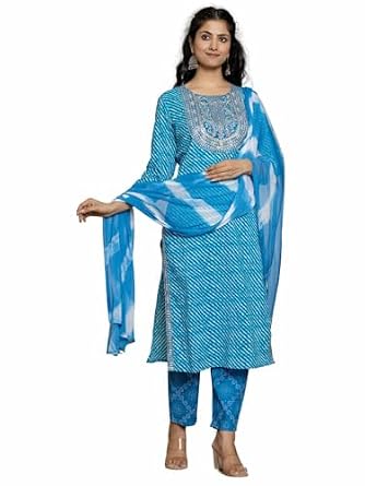 ANUBHUTEE Women’s Cotton Bandhani Print Kurta Set With Lehariya Trousers & Dupatta – Pink, Size Large