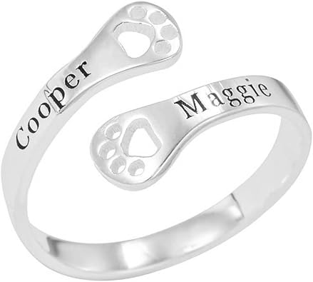 925 Sterling Silver Personalized Paw Print Name Open Ring Custom Pet Dog Puppy Cat Memorial Jewelry Band