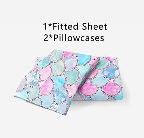 Musolei Mermaid Fitted Sheet Set 3D Rainbow Scales Full Girls Bedding Set 3Pcs 1 Deep Pocket Fitted Sheet With 2 Pillowcases Wrinkle Free Cozy Microfiber(01,Queen) #TOP2