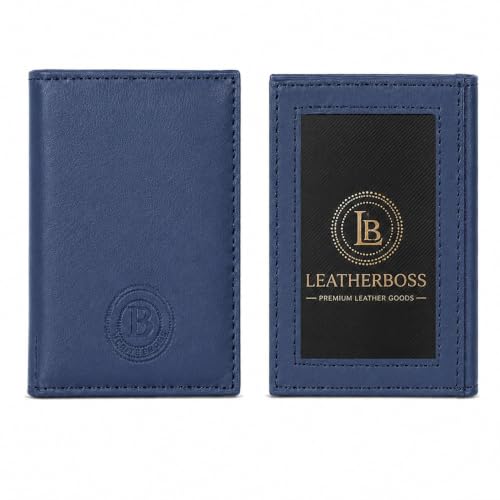 Image of LB LEATHERBOSS Slim Thin Leather Credit Card Triple ID Window Mini Wallet Bifold Driver License Safe (Blue)