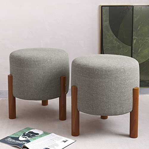 Puff Viena Luxo Redondo Pés Madeira Tecido Linho COR:CINZA