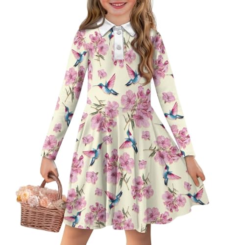 AmzPrint Long Sleeve Polo Dress for Girls Fit and Flare A Line Midi Swing Pleated Flowy Fall Tween Girls Dresses3