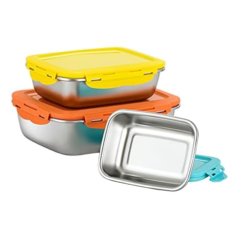 FAB4HOME Leak-Proof Stainless Steel Food Storage Container Set of 3 Meal Prep Food Container Metal Fresh Storage Container for Freezer Oven Dishwasher Safe, 600ml/ 1500ml/ 2900ml Multicolour Stackable Cover