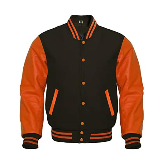 Varsity Jacket Letterman Baseball Jacket Wool body and Cowhide Leather Sleeves 17 Color Options (Large, Black Orange)