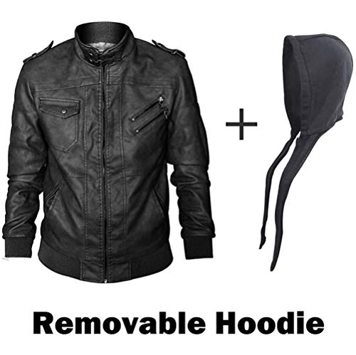 Casual Leather Moto Jacket Stand Collar Vintage Hunting Jackets with Hoodie Spring Winter Fashion Black 3XL
