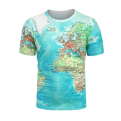 DOGZI Camisetas para Hombre - 3D Mapa del Mundo Impreso Manga Corta Verano Cuello Redondo Tops Tees
