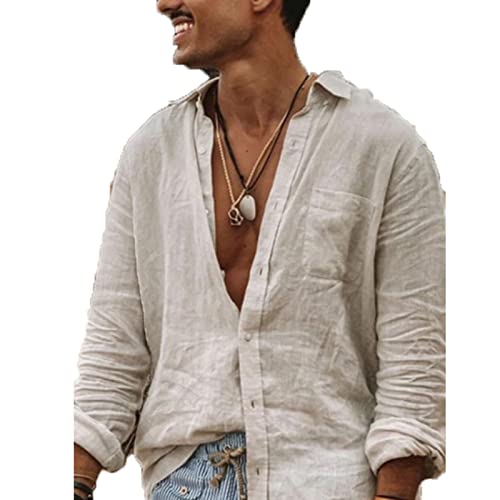 SSBZYES Camisas Hombre Manga Larga Algodón Lino Color Liso Cárdigan Botones Solapa Informal Sueltas
