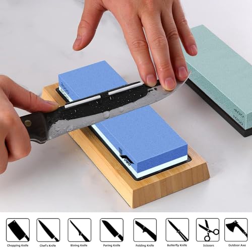 Miniatura 7 de Vuwo Piedra De Afilar Para Cuchillos - Profesional Piedra Afiladores De Doble Cara Grano 400 1000 3000 8000, Incluye Correa De Cuero, Base De Bambú, Guía De Ángulo Y Combinación De Pulido, Soporte D