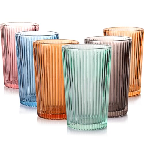 ELERGIFTS Drinking Glasses, Colored Highball Glasses Set of 6, Ribbed Glassware Glass Cups, Water Glasses for Beer, Iced Coffee Cups, Cocktail Glasses - Christmas Gifts -12 oz