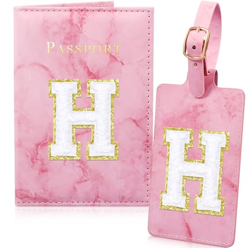 Pink Passport Cover Cute Passport Book Holder for Travel Luggage Tag Set with Initial Monogram Letter Marble Airplane Travel Essentials Personalized Cruise Accessories Trip Favor Gifts for Women Girls