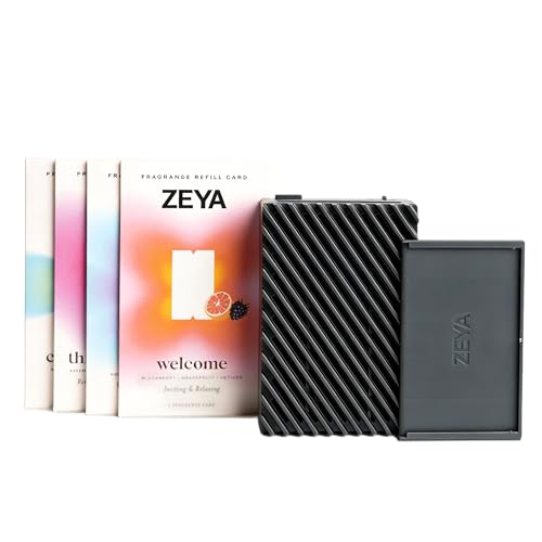ZEYA - Sampler Bundle - Black Portable Fragrance Diffuser for Bedroom Bathroom Home Office Dorm Room & Car Use - 4 Refill Cards