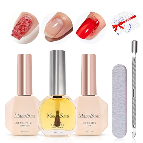 Image of MelodySusie Gel Polish Remover Kit with Latex & Oil, 3PCS, 15ML | No Need to Wrap and Soak Gentle Care Removes in 2-5 Mins Easy to Use at Home