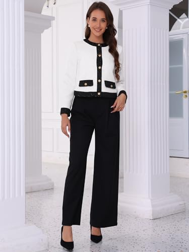 Allegra K Sequined Tweed Blazer for Women's Collarless Button Up Casual Office Short Blazers4