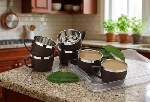 Image of HAPPI Tea Cups Set Coffee Mug Insulated Stainless Steel Inner Stylist Double Wall Cup for Home Office Restaurant Use Tea Mugs Set of 6 (Brown)