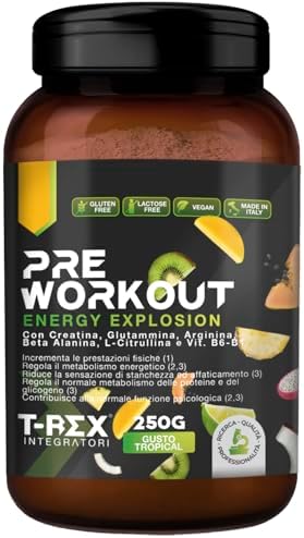 T-Rex Integratori Pre Workout, Energy Drink Potente con Creatina Monoidrata, Bcaa, Arginina, Beta Alanina e Vitamine - Senza Caffeina, 250 g (250 g (Confezione da 1), Tropical) Generico - integratore