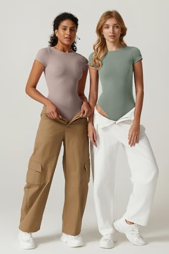 Image of QINSEN Women's Crew Neck Short Sleeve Bodysuit Double Lined Body Suits Basic T-shirt Tops