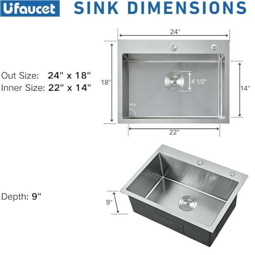 Image of 24 Inch Drop In Kitchen Sink, 304 Stainless Steel, Brushed Nickel