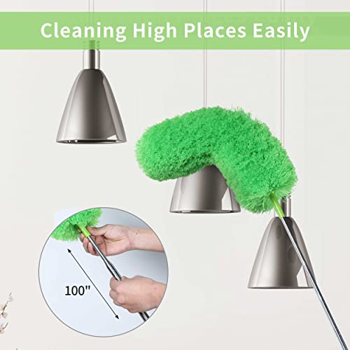 Boomjoy Feather Dusters For Cleaning, Ceiling Fan Duster With 100" Extension Pole, Microfiber Duster With Bendable Head And Long Handle, For Cleaning Cobweb, Fan, Furniture, Blinds-Green #TOP1