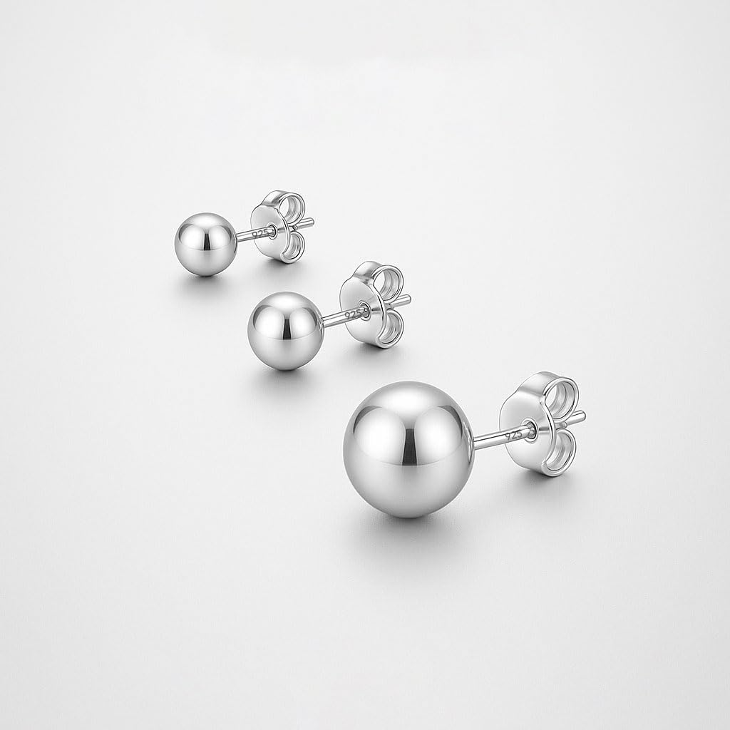 Set of 3 Pairs 925 Sterling Silver Lightweight Ball Post Stud Earrings for Women Teen - Image 3
