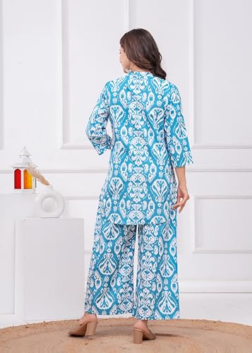 Image of Women's Pure Cotton Co-Ord Set | Three-Quarter Sleeves-Mandarin Collar Top & Palazzos | Printed Casual Wear Co-Ord Set for Women