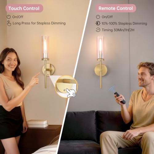 Image of Shenmoyl Battery Operated Wall Sconces Set of 2, Gold Rechargeable Wall Lighting Fixtures, Dimmable Wall Lights with Remote & Pink Glass Shade for Living Room, Bathroom,Bedroom