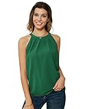 Damen Chiffon Bluse T-Shirt Rundhals Ärmellose Tank Tops Casual Oberteile Dunkelgrün L CL1104S22-10