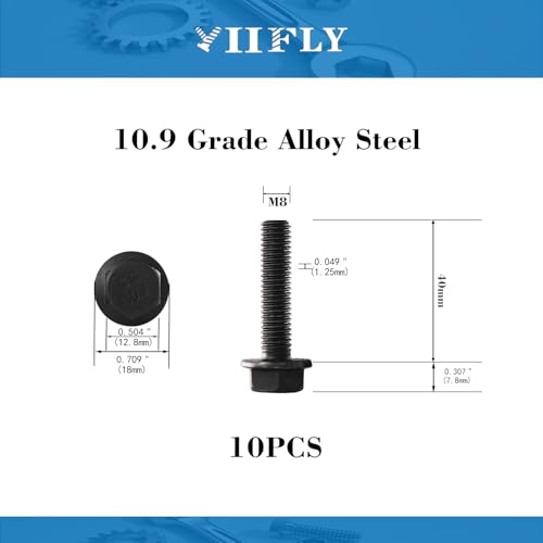 Image of M8 x 40mm Flanged Hex Head Bolts Flange Hexagon Screws, M8x1.25 Bolt, 10.9 Grade Alloy Steel, Hexagon Head Bolts, Black Zinc Finish, Full Thread, Quantity 10