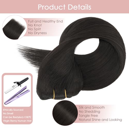 Silk-co Clip in Hair Extensions Real Human Hair Remy Double Weft With Lace Coverd Clip in Silky Straight Natural Thick Hair Seamless 7pcs 16Clips 90g 12Inch #1B Natural Black - Image 4