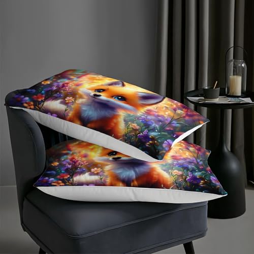 Image of AILONEN Kawaii Fox Comforter Set,Cartoon Fox Bedding Set Full Size for Kids Girls Boys,Cute Animal and Plants Flowers Duvet Set,3-Piece,1 Quilt + 2 Pillowcases,Soft Breathable